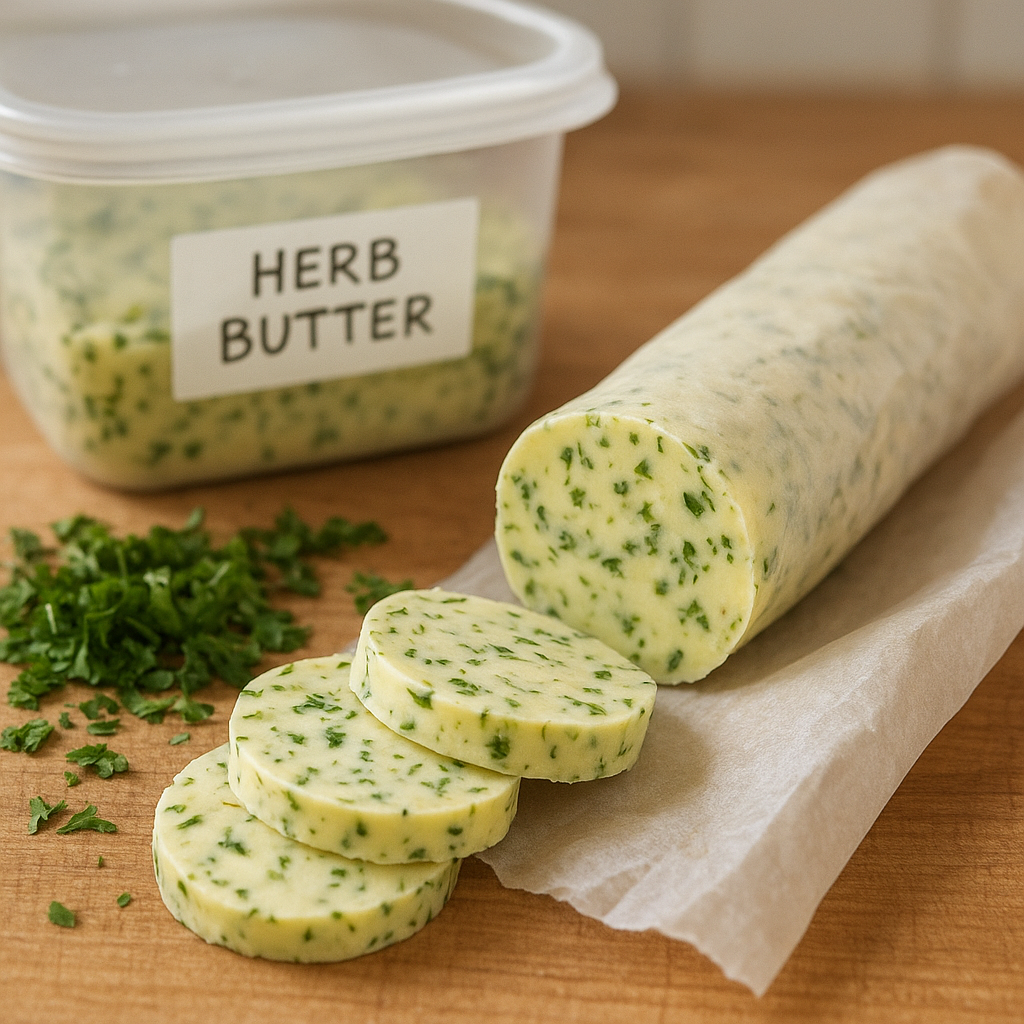 Herb butter rolled in parchment and sliced for freezing