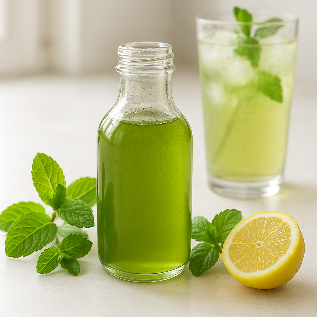 Homemade mint syrup in a glass bottle with fresh mint and a cold lemon drink