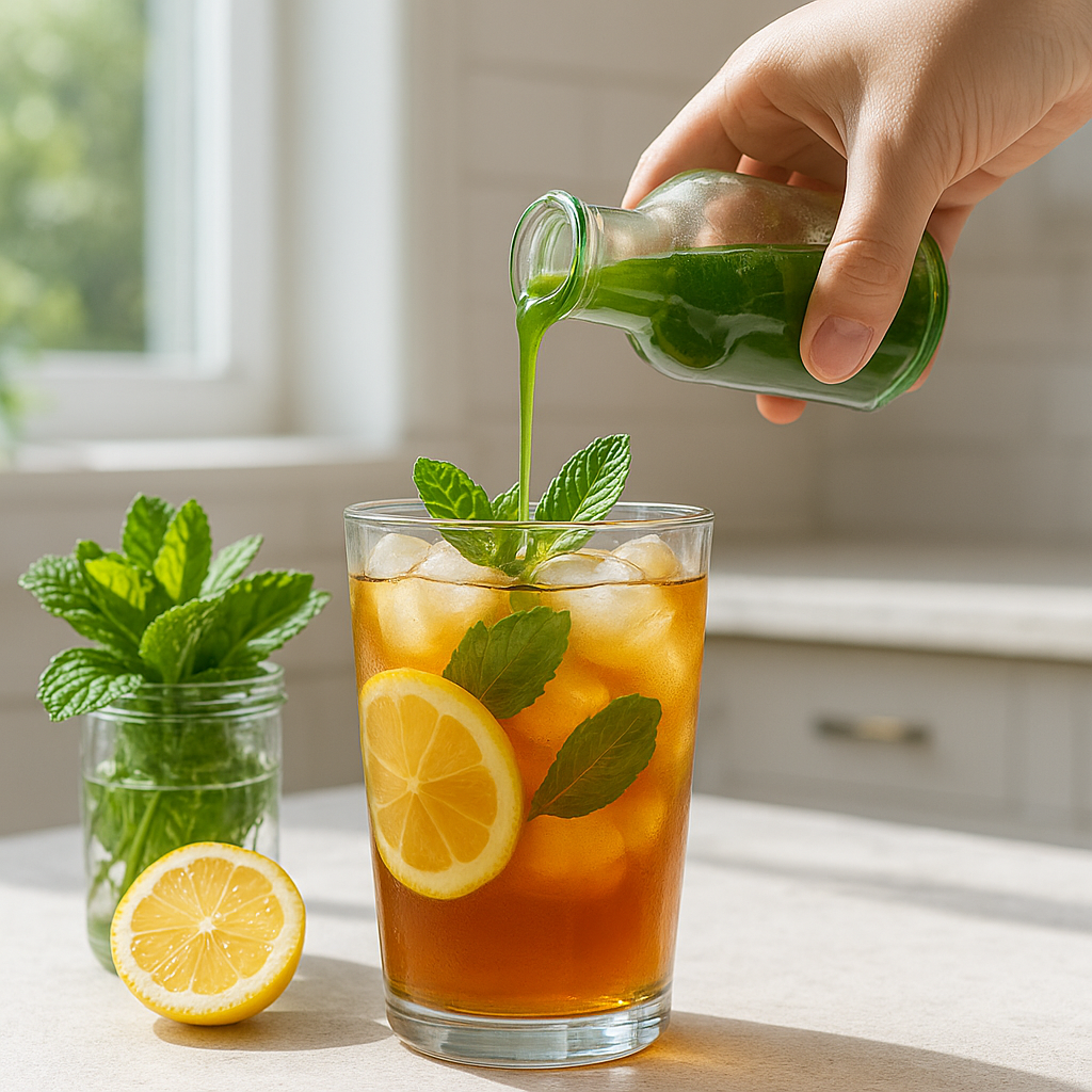 Mint syrup being poured into iced tea with lemon and fresh mint