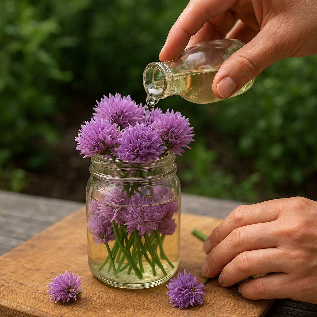 Fresh chive blossoms in a jar being covered with vinegar
