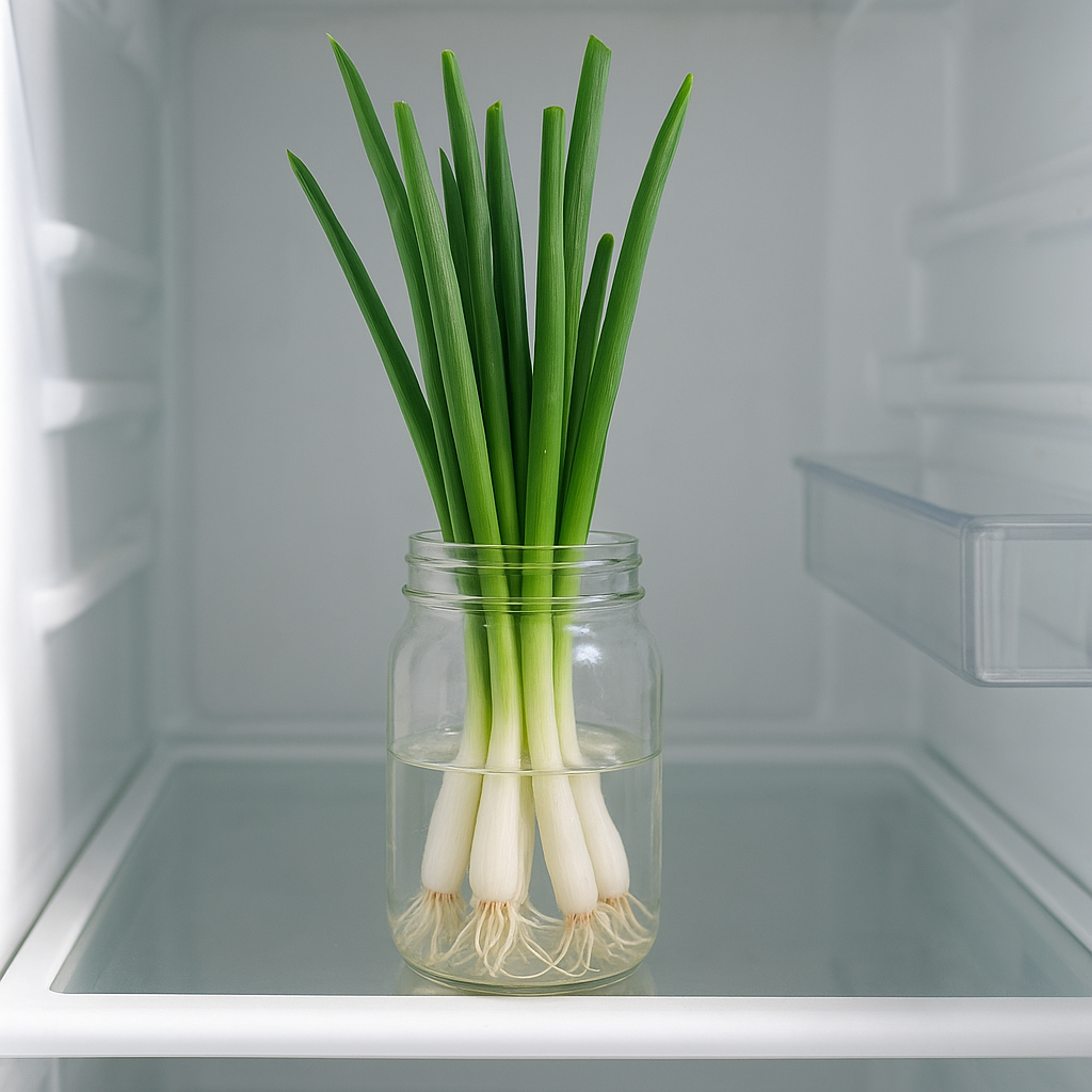 Green onions standing upright in a glass jar on a refrigerator shelf