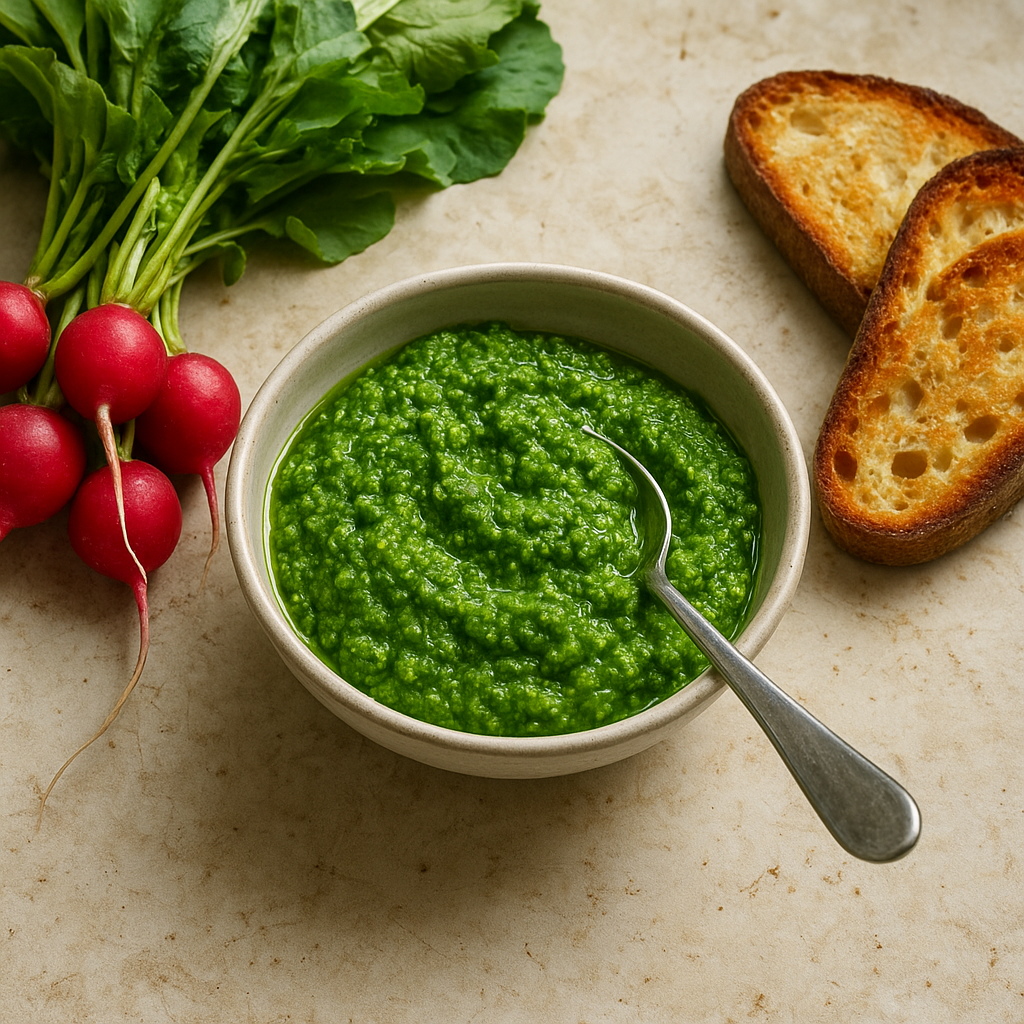 Bowl of radish greens pesto with fresh radishes, toast, and a spoon on a kitchen counter