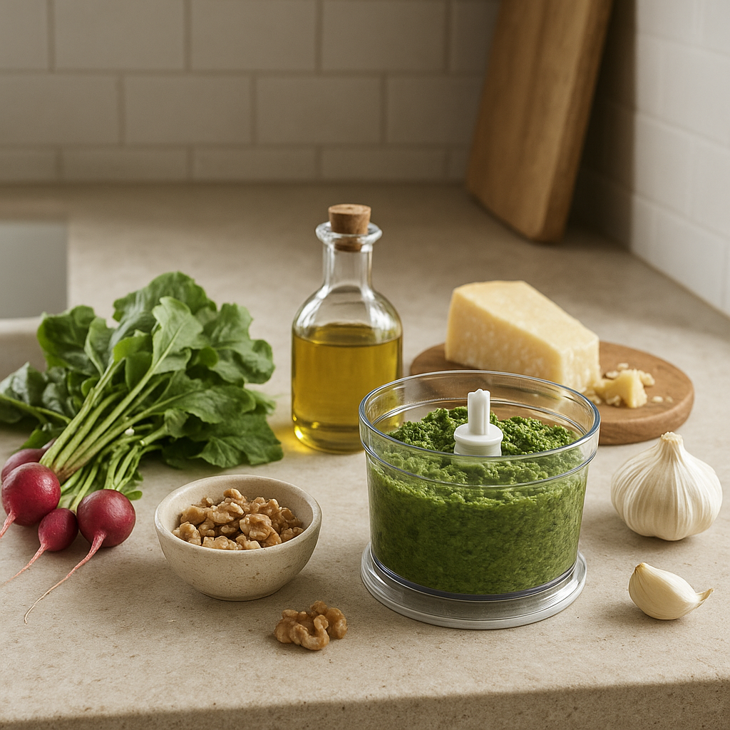 Radish greens, Parmesan, nuts, and olive oil beside a small blender cup of pesto