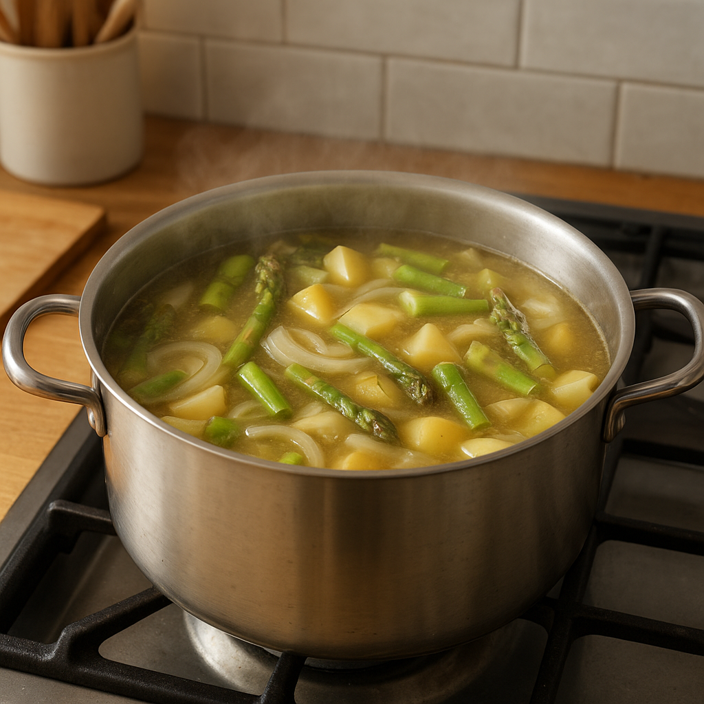 Pot of asparagus ends simmering with onion and potato before blending into soup