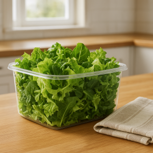 Crisp salad greens in a storage container with a dry kitchen towel on a counter
