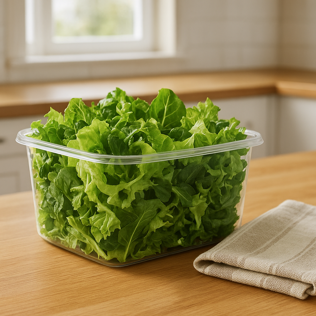 Crisp salad greens in a storage container with a dry kitchen towel on a counter