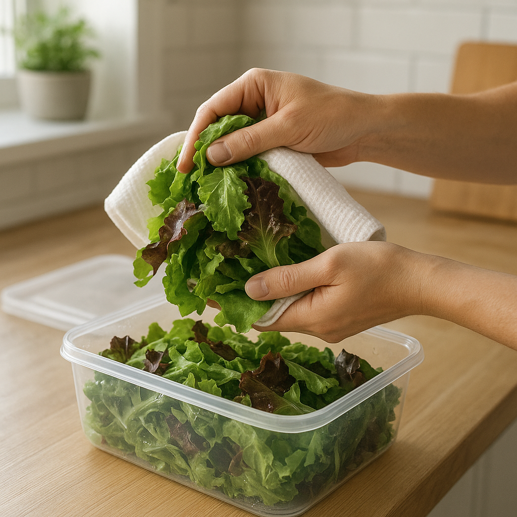 Hands drying washed salad greens with a clean kitchen towel beside a storage container