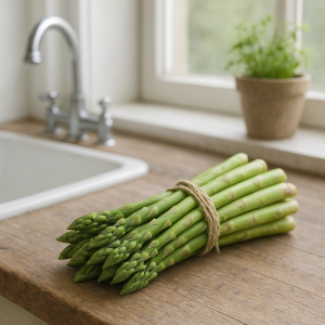 Fresh bunch of asparagus on a wooden kitchen counter in natural light