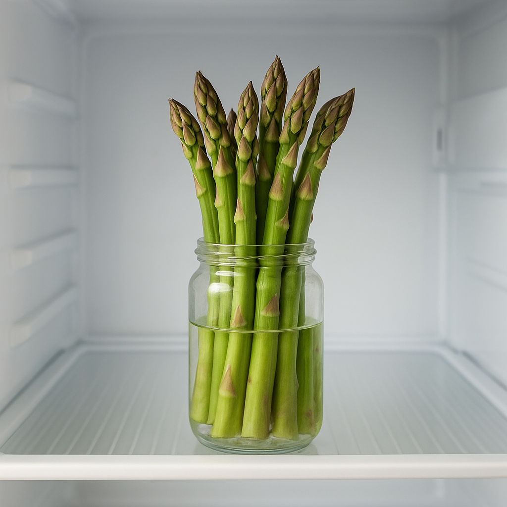 Asparagus spears standing upright in a glass jar with water on a refrigerator shelf