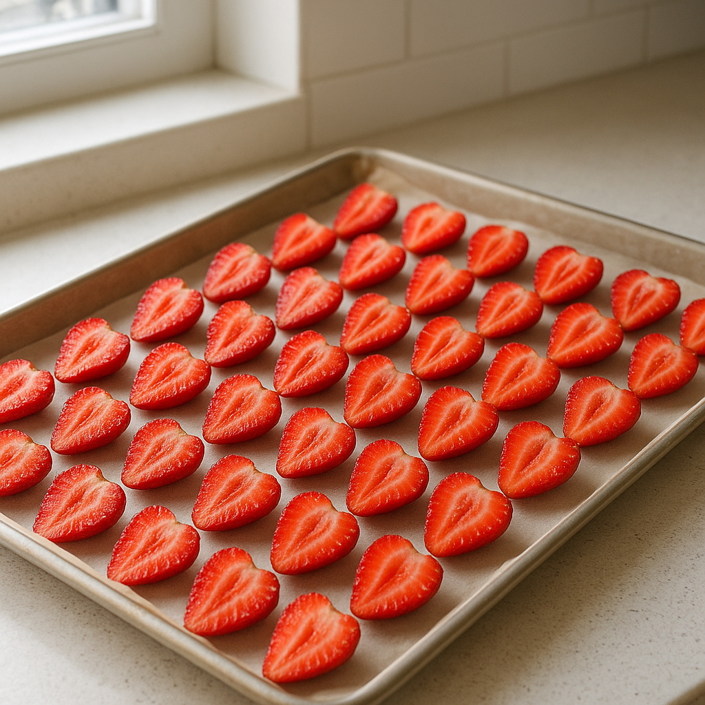 Halved strawberries spread in a single layer on a parchment-lined tray ready for freezing