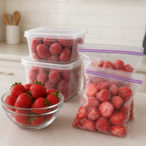 Containers of frozen strawberries beside a bowl of fresh strawberries on a kitchen counter