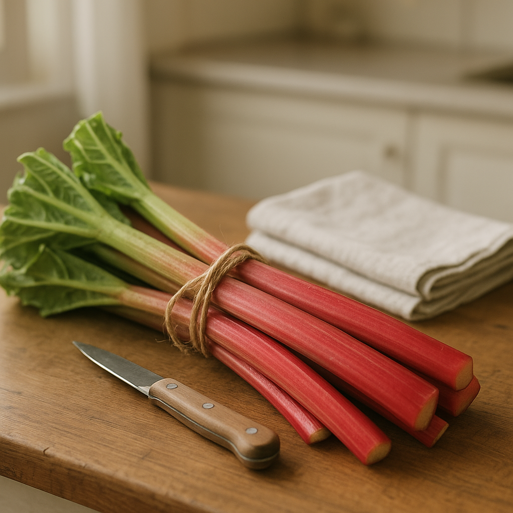 Fresh rhubarb stalks bundled on a wooden kitchen counter in spring light