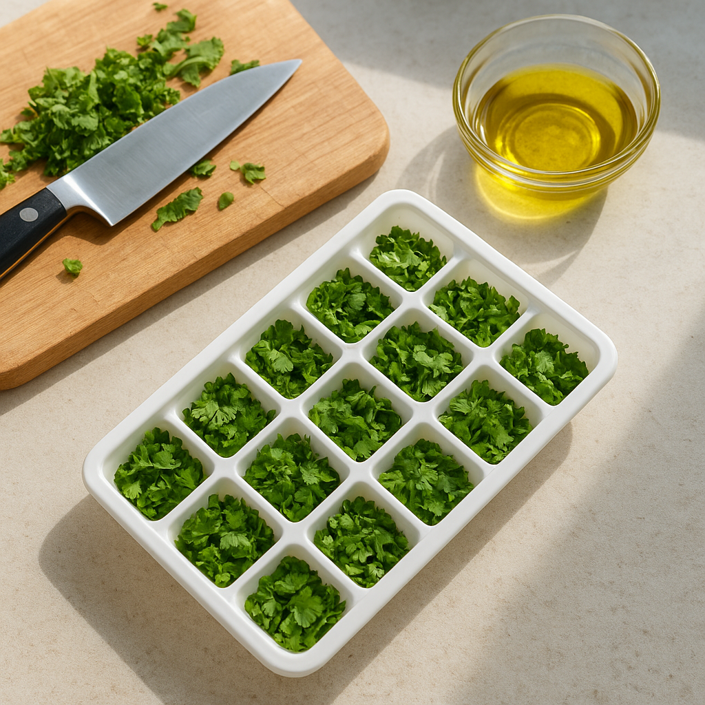 Chopped cilantro portioned into an ice cube tray with olive oil for freezing
