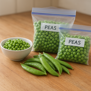 Fresh spring peas and pods on a kitchen towel beside labeled freezer bags