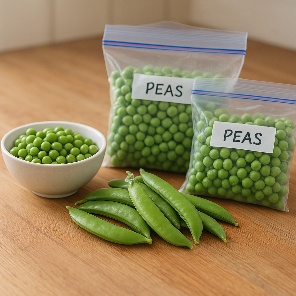 Fresh spring peas and pods on a kitchen towel beside labeled freezer bags