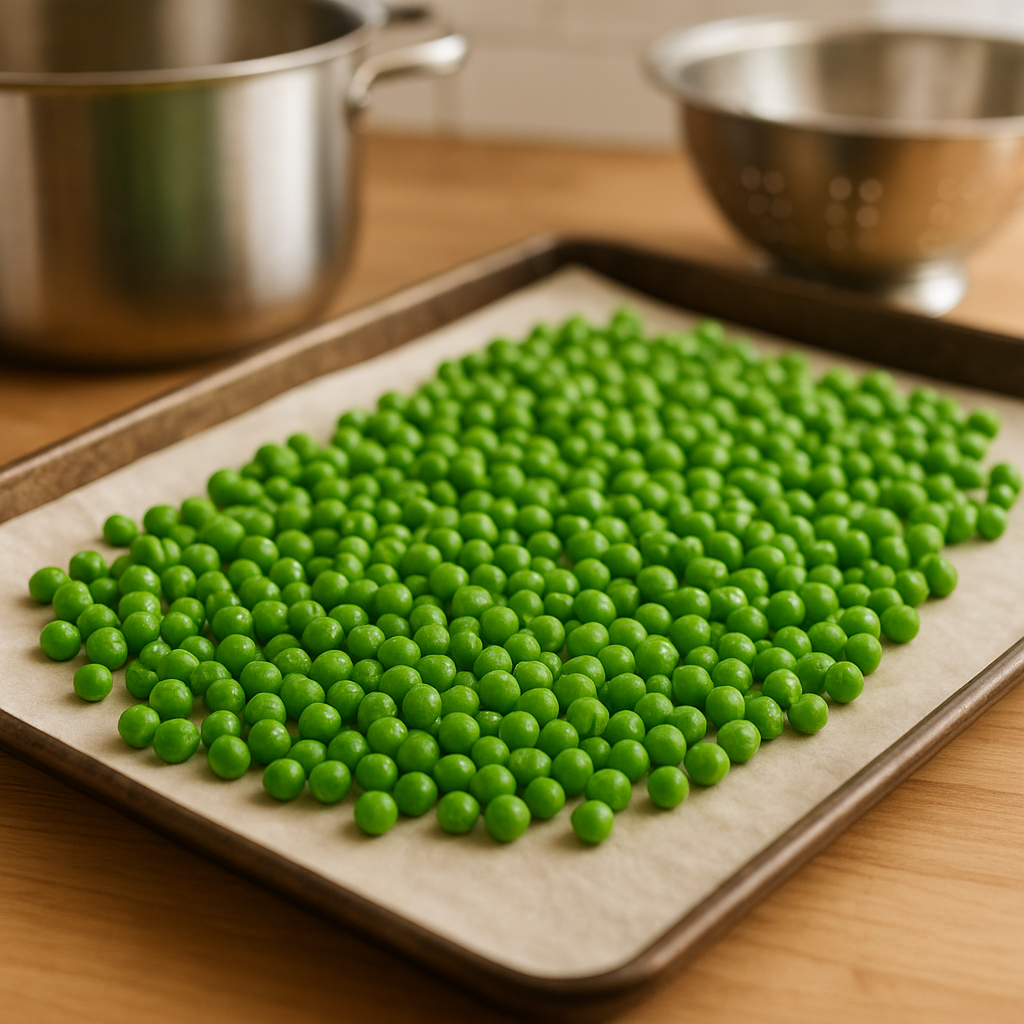 Blanched peas drying on a towel-lined tray before going into the freezer