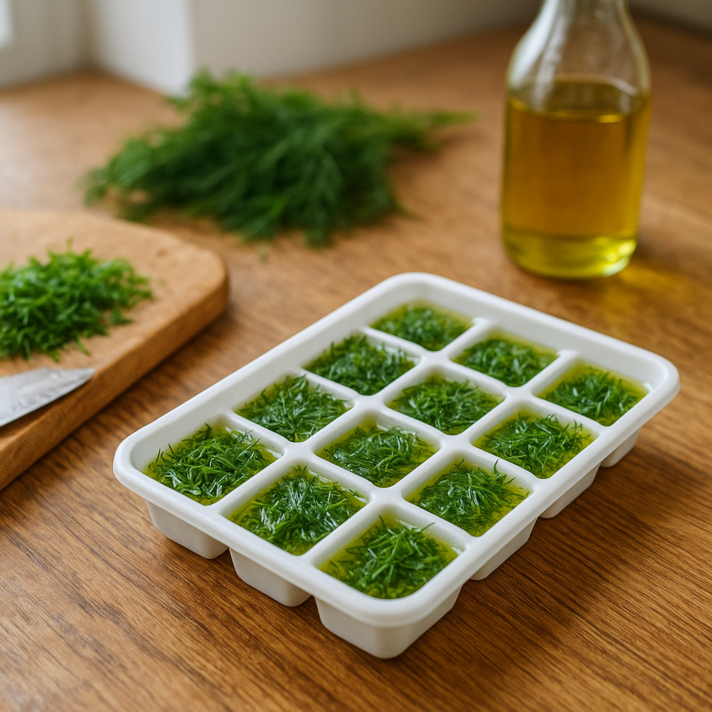 Chopped fresh dill portioned into an ice cube tray with olive oil for freezing