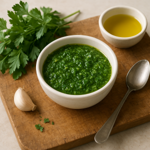 Bowl of bright parsley chimichurri beside fresh parsley, garlic, and olive oil on a kitchen board
