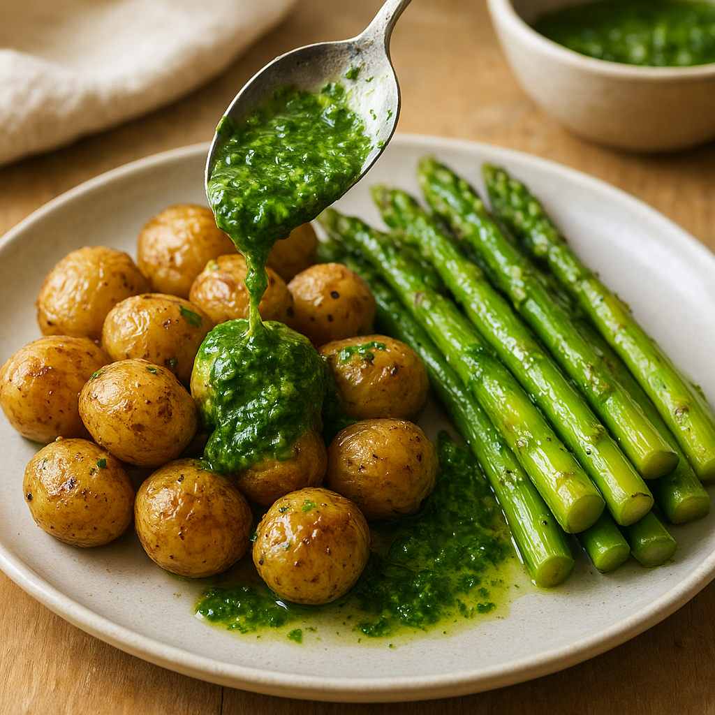 Parsley chimichurri being spooned over roasted potatoes and asparagus on a dinner plate