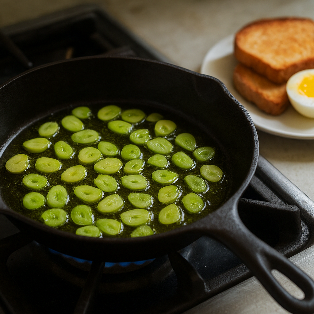 Sliced green garlic softening in olive oil in a skillet with eggs and toast nearby