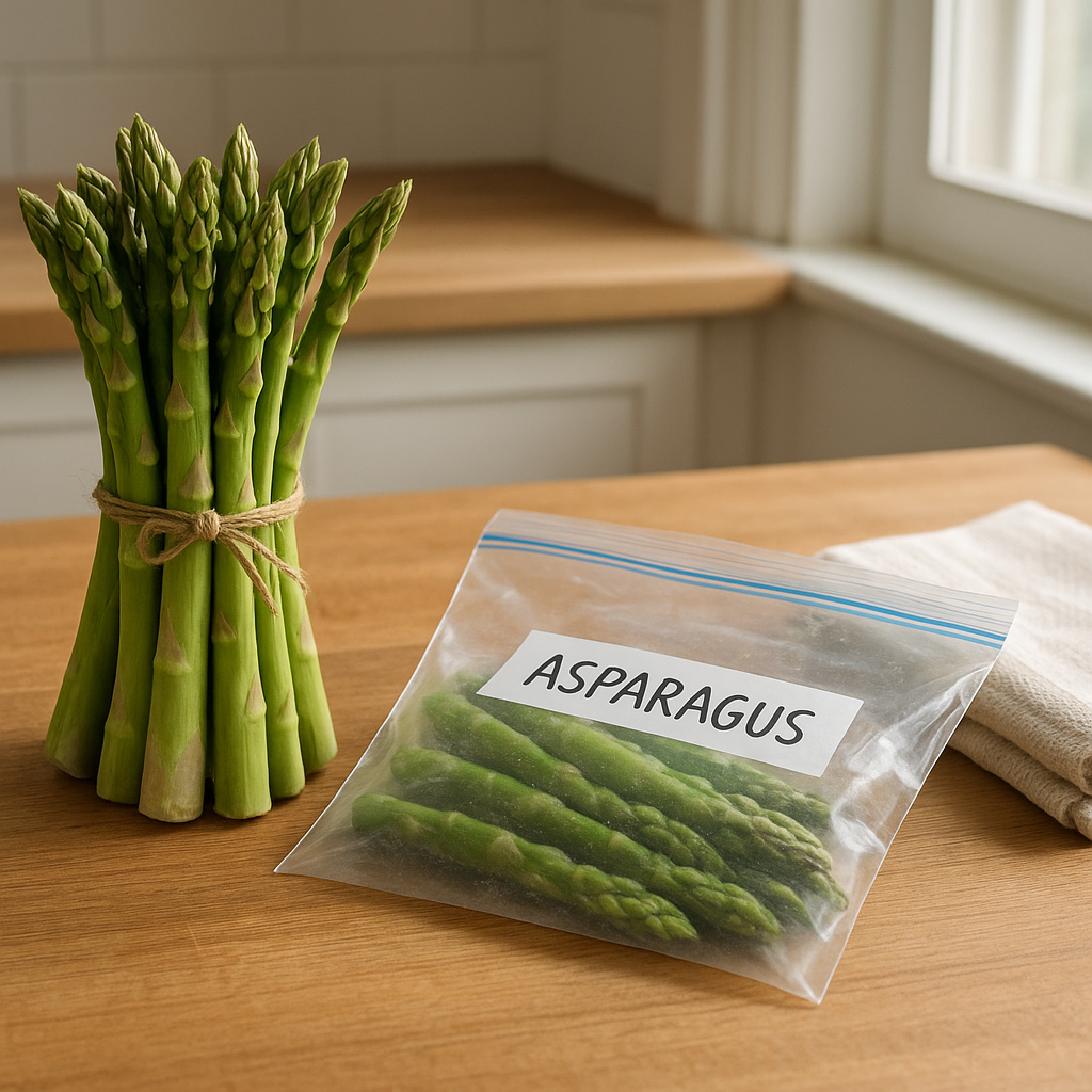 Fresh asparagus spears on a kitchen counter beside a labeled freezer bag
