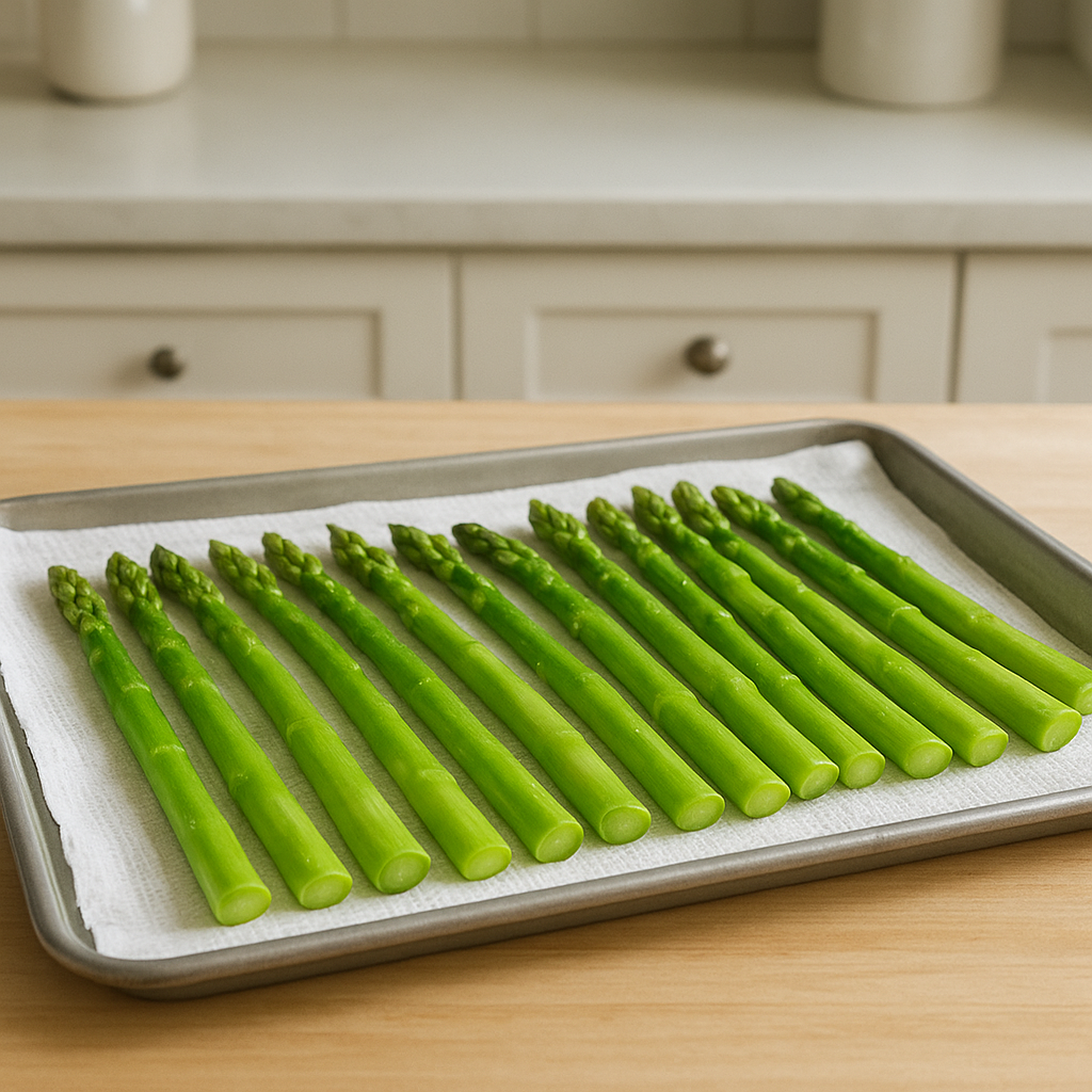 Blanched asparagus spears drying on a towel-lined tray before freezing