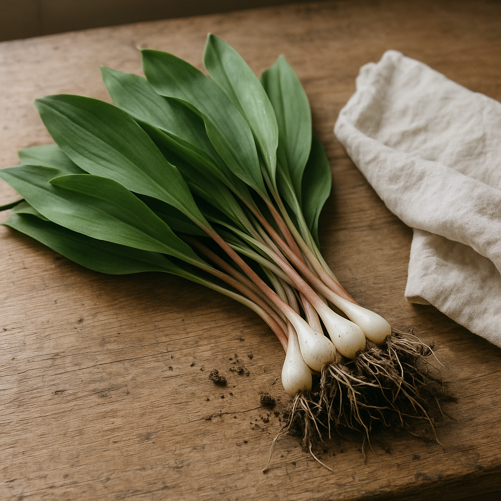 Fresh ramps with broad green leaves and white bulbs on a rustic kitchen table