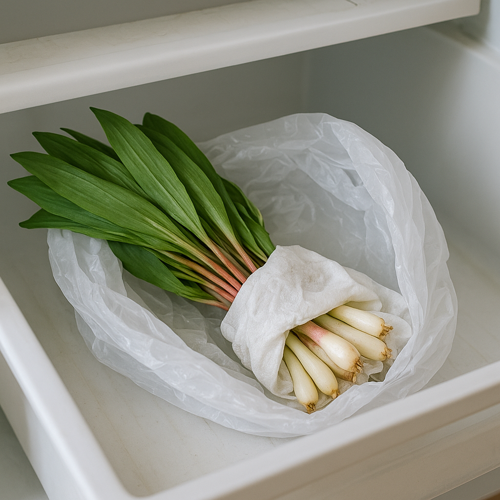 Ramps wrapped in a towel inside an open produce bag in a refrigerator drawer