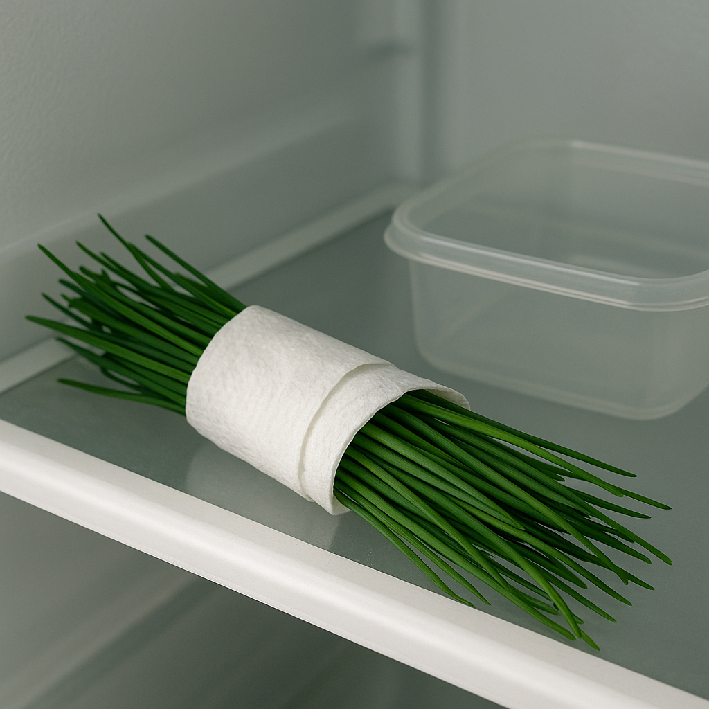 Fresh chives loosely wrapped in a dry towel beside a storage container on a refrigerator shelf