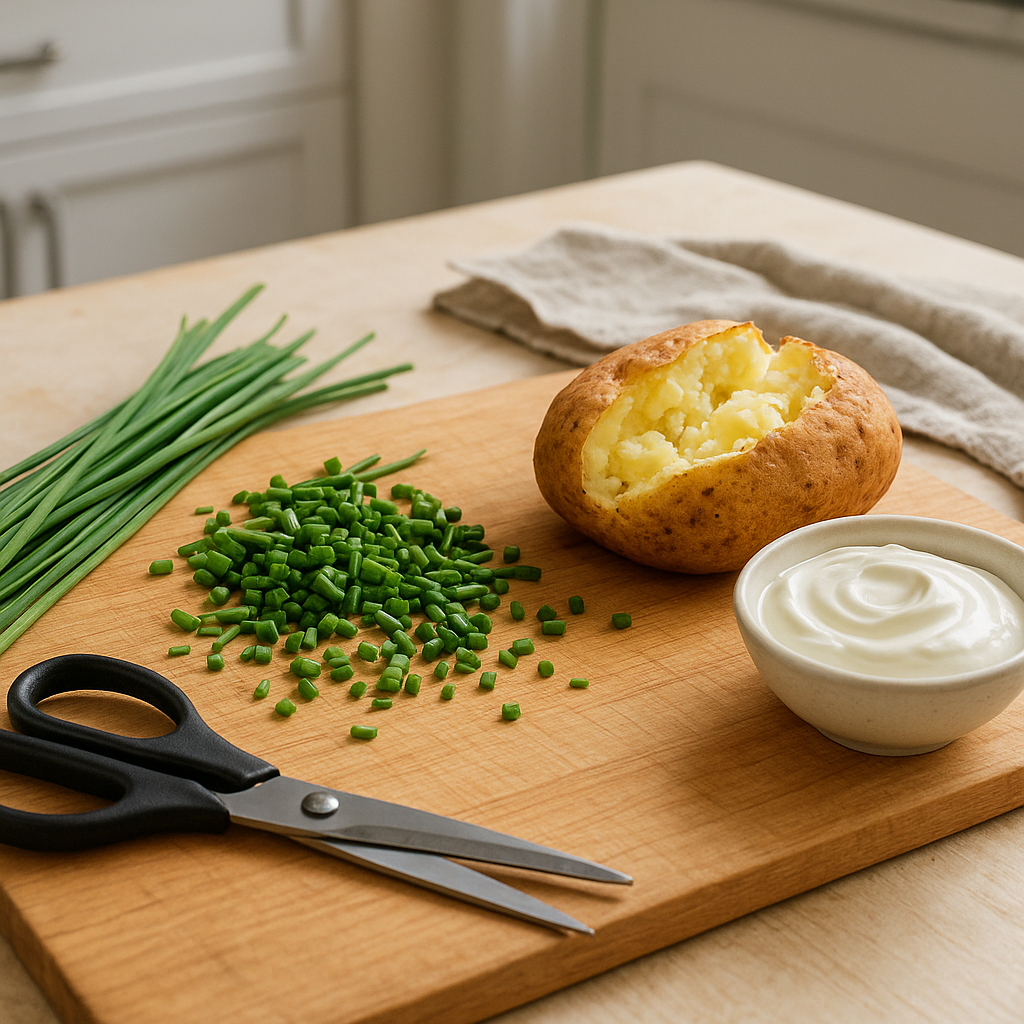 Snipped fresh chives on a cutting board beside a baked potato and small bowl of sour cream