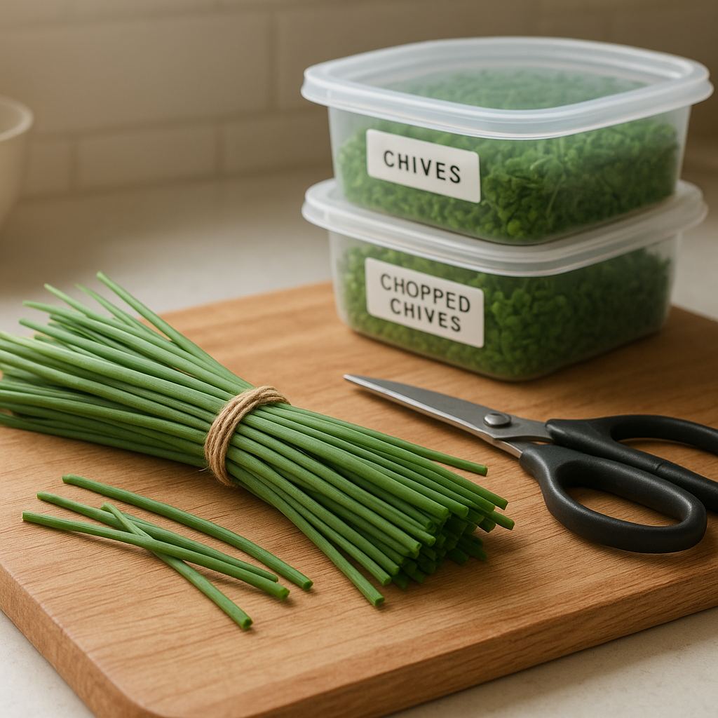 Fresh chives on a kitchen board beside small freezer containers and kitchen scissors