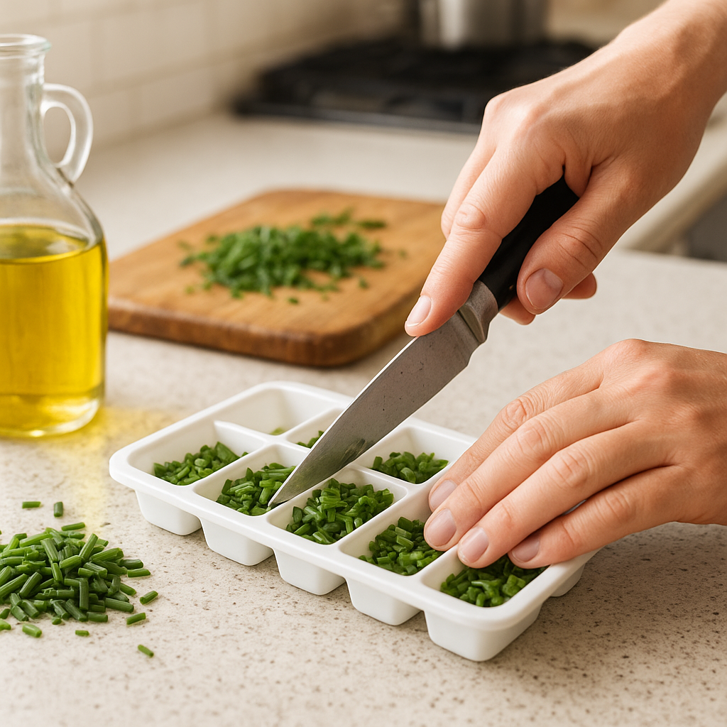 Chopped chives being portioned into an ice cube tray with olive oil for freezing