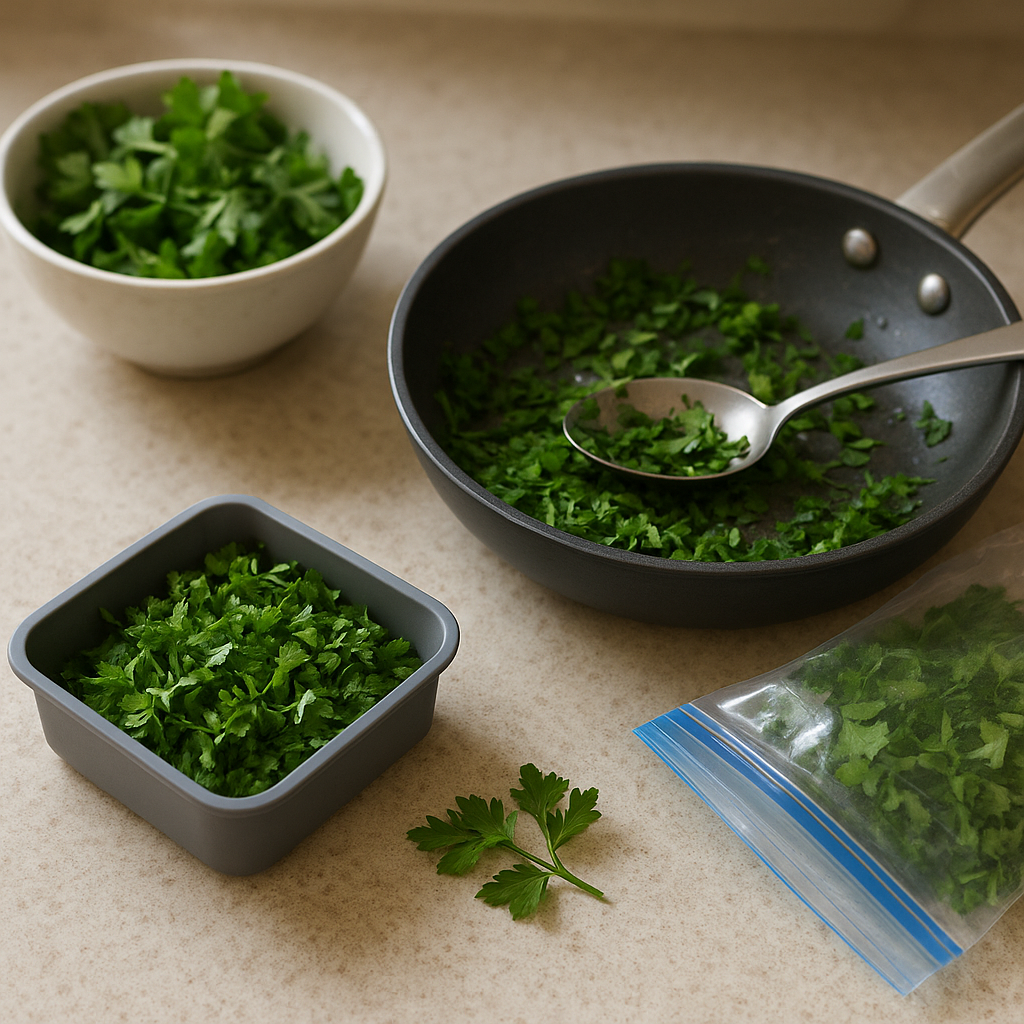 Chopped parsley portioned for freezing beside a skillet on a home kitchen counter