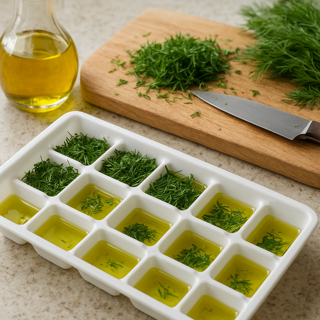 Chopped dill portioned into an ice cube tray with olive oil for freezing