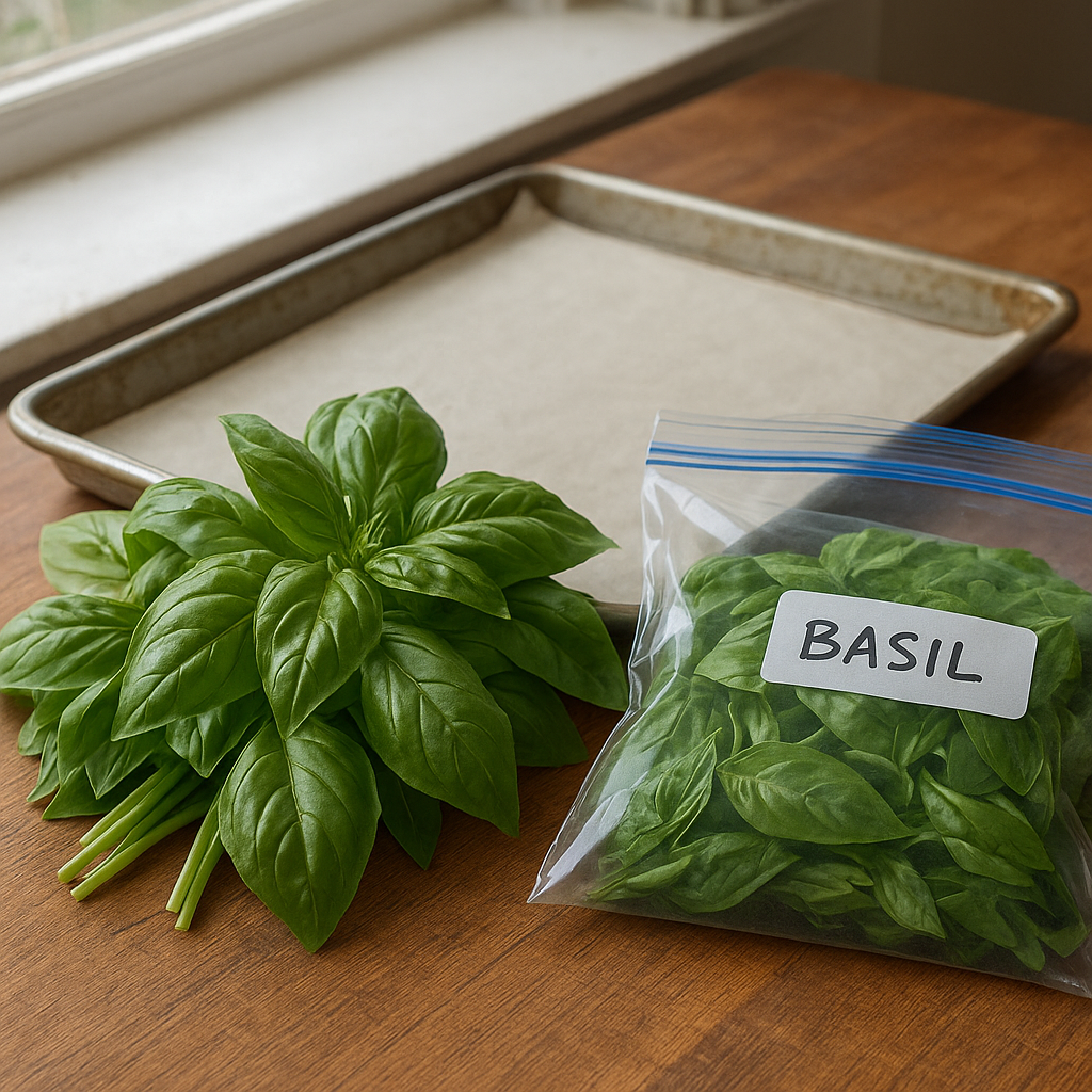 Fresh basil arranged on a tray beside freezer supplies on a kitchen counter