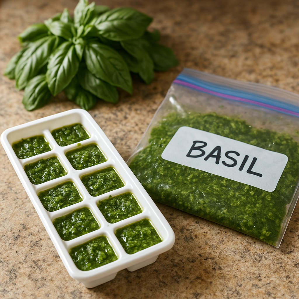 Basil and olive oil portioned into an ice cube tray for freezing