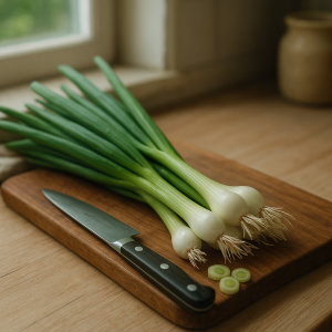 Fresh green garlic on a wooden cutting board with a knife and a few sliced pieces