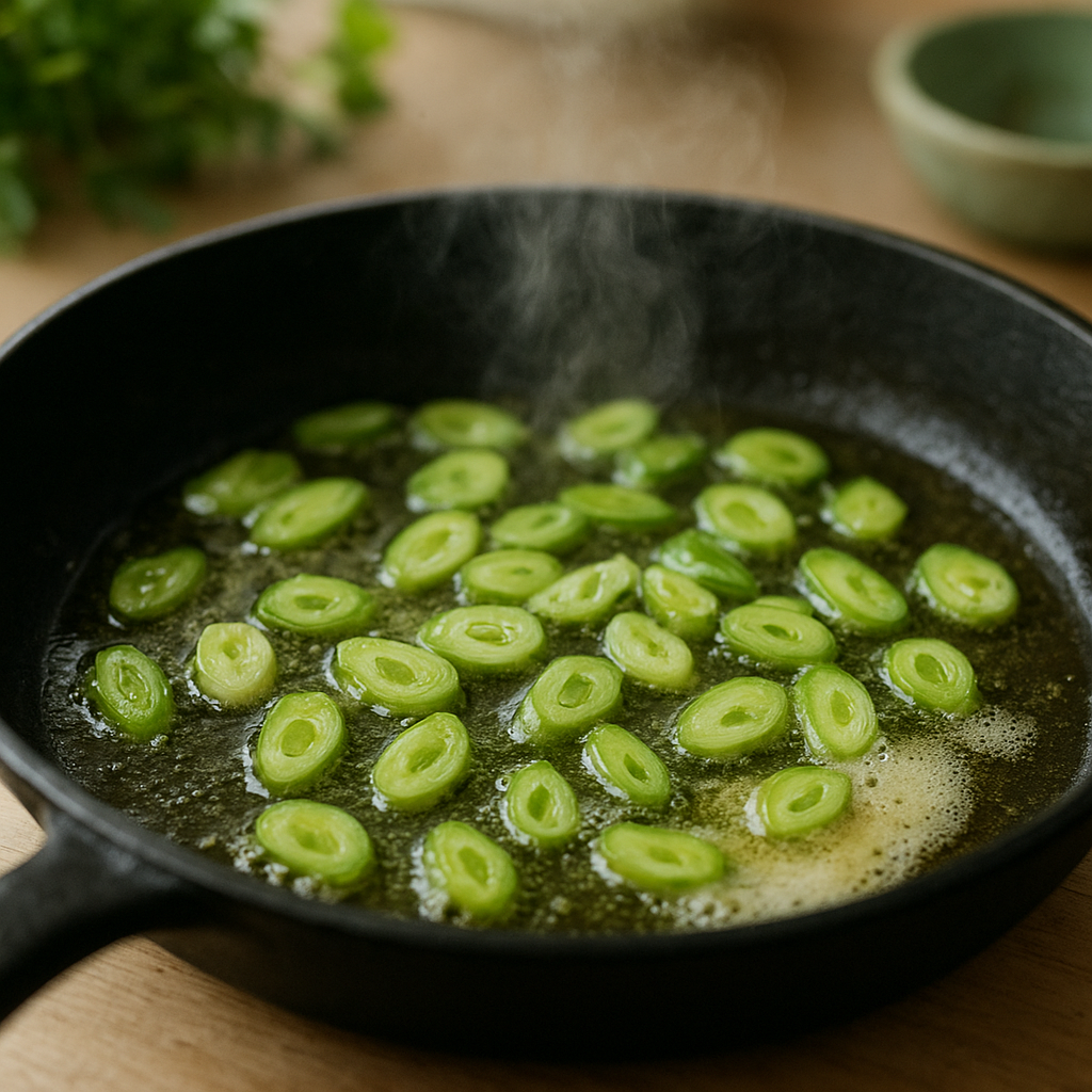 Sliced green garlic softening in a skillet with olive oil and butter