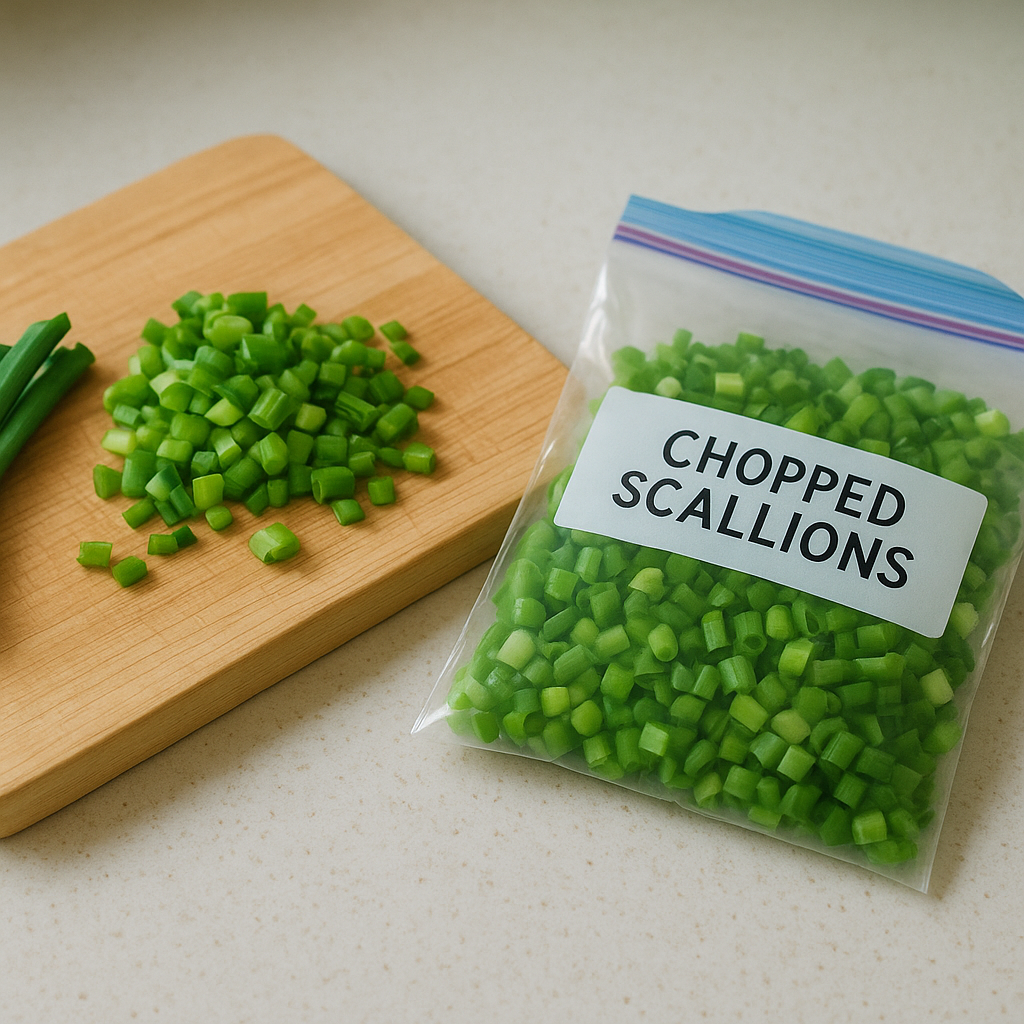 Sliced green onions on a cutting board next to a freezer bag ready for storage