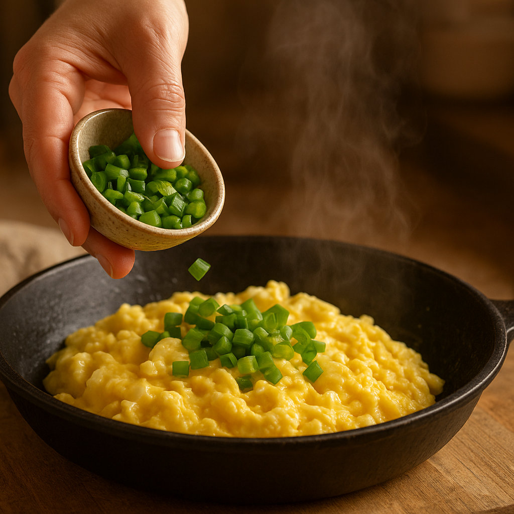 Frozen chopped green onions being added to scrambled eggs in a skillet