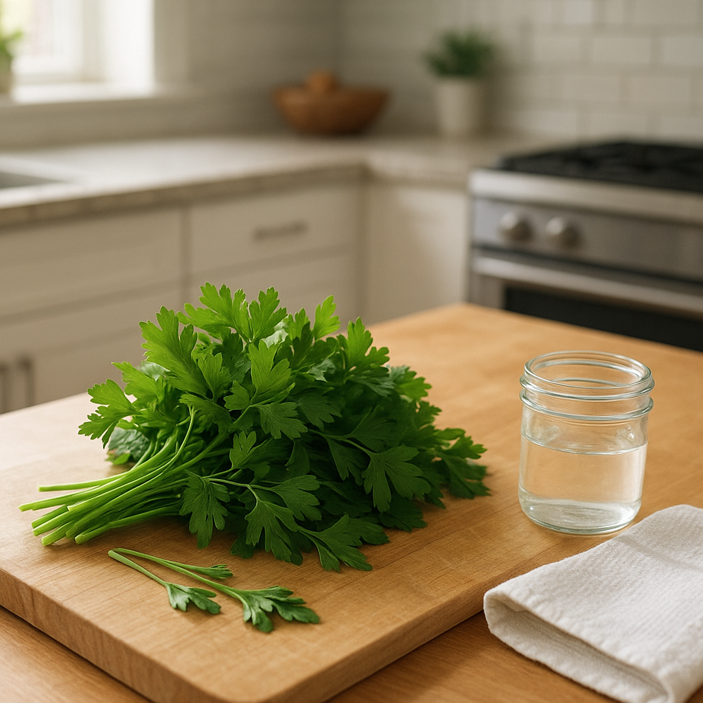 Fresh parsley on a cutting board with trimmed stems beside a small jar of water and a kitchen towel