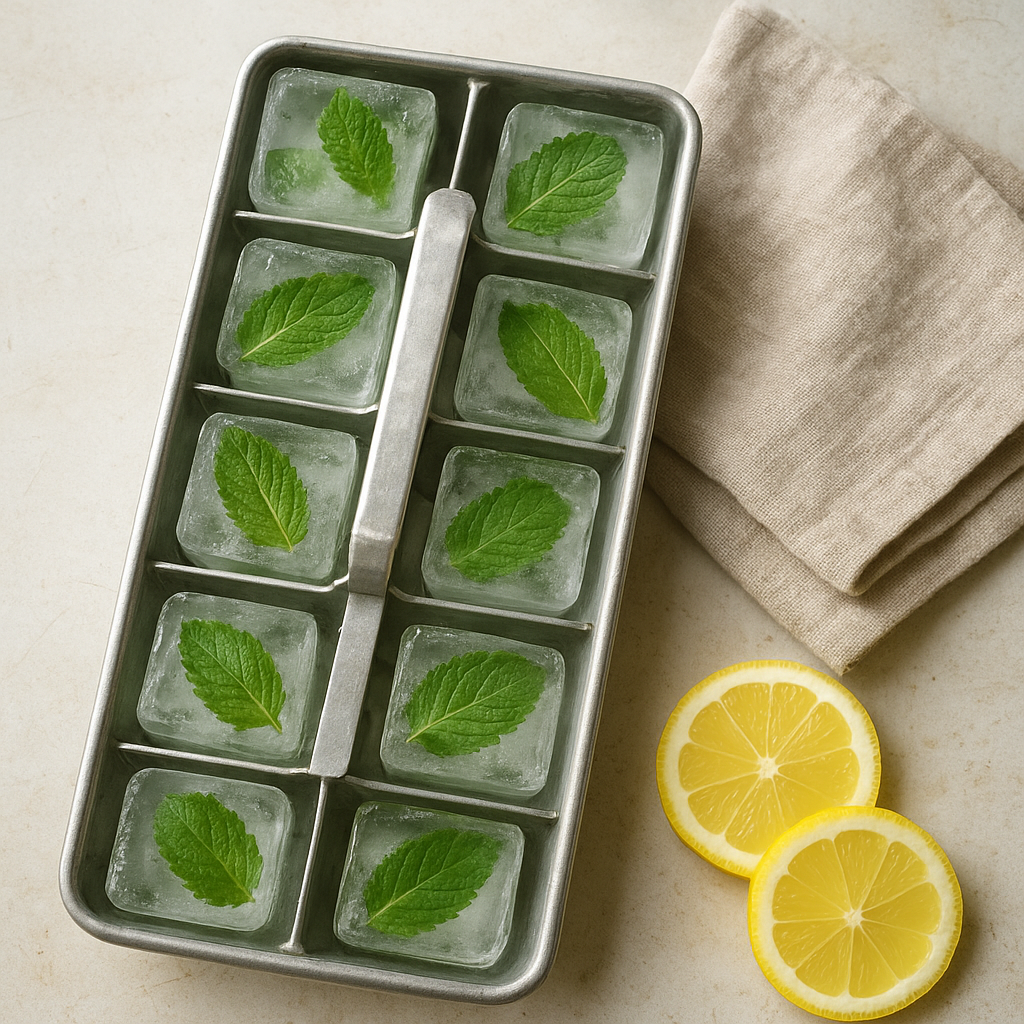 Fresh mint frozen into clear ice cubes in a tray on a kitchen counter