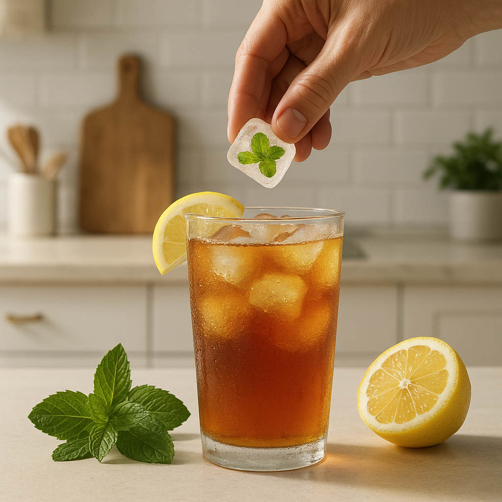 Hand adding a mint ice cube to a glass of iced tea with lemon