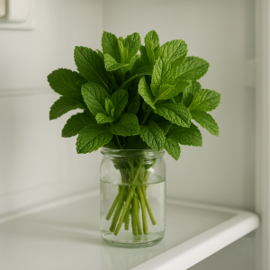 Fresh mint standing upright in a small glass jar with a little water on a refrigerator shelf
