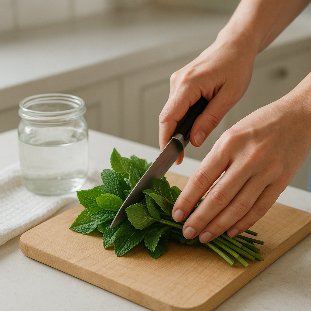 Hands trimming fresh mint stems on a cutting board beside a jar of water and a dry kitchen towel