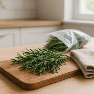 Fresh rosemary sprigs on a kitchen board beside a towel and storage bag
