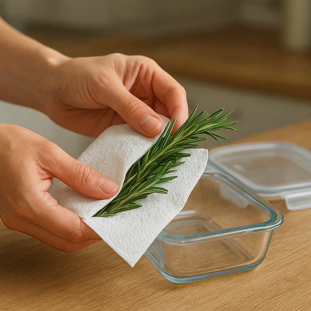 Hands loosely wrapping fresh rosemary sprigs in a paper towel for refrigerator storage