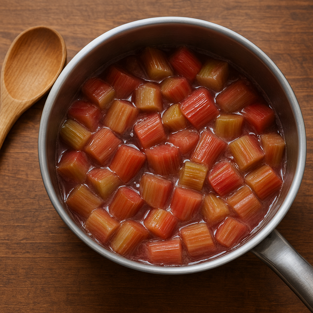 Chopped rhubarb simmering in a saucepan for compote